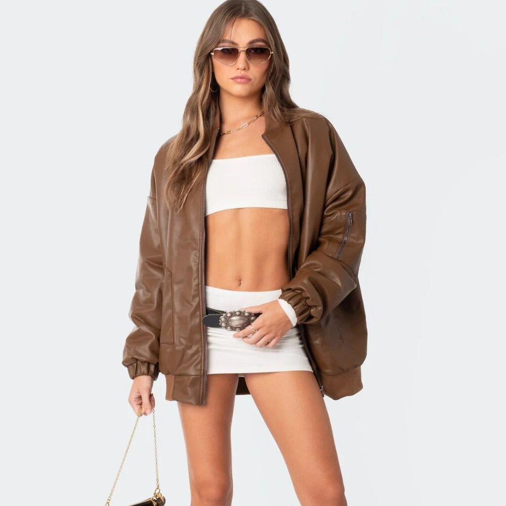 Faux Leather Oversized Bomber Jacket S